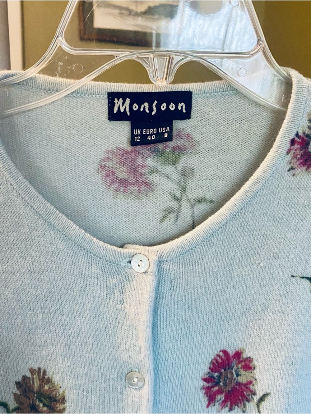 Monsoon Light Blue Floral Button Cardigan with Pink Accents - Picture 4 of 4